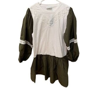 Tanya Taylor Womens Kirstie Dress L Mini Shift Olive Green/White Lace Americana